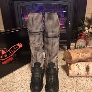 Freebird Charcoal and Black Multi Python lace up tall boots..